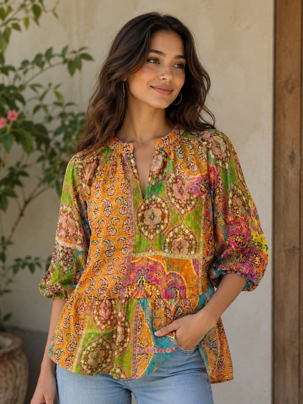 Peter Nygard Silk Blouse 10 Peasant Boho Hippie Semi-sheer Tunic Top Whimsical